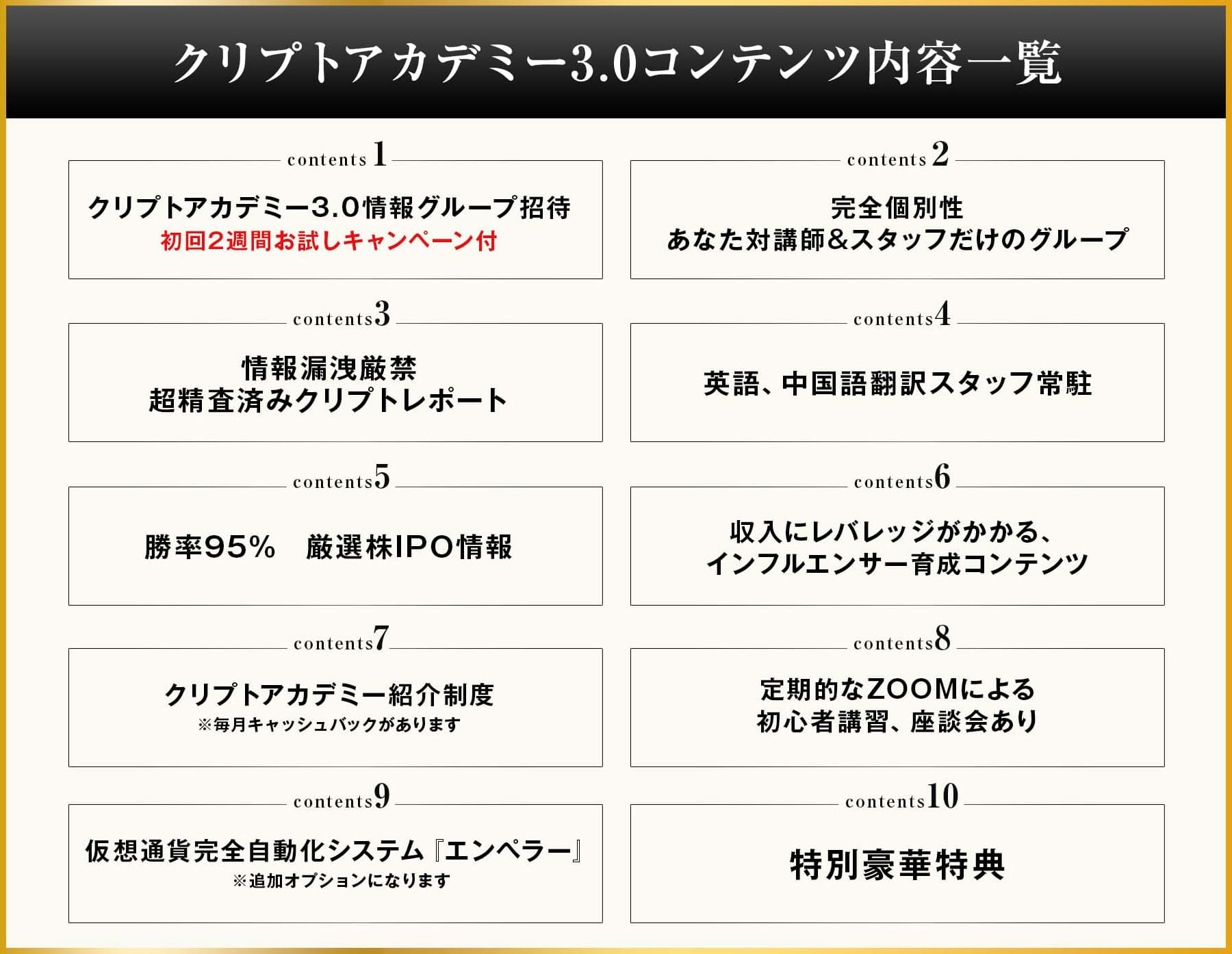クリプトアカデミー3.0コンテンツ内容一覧