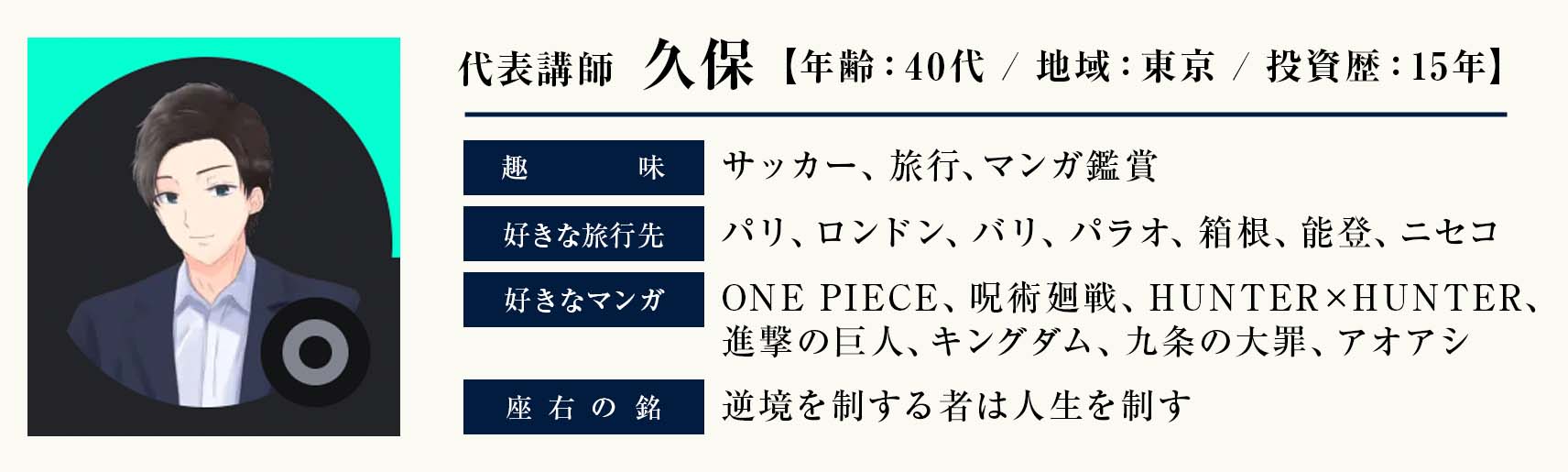 名前：久保 
年齢：40代 
地域：東京 
投資歴：15年

趣味：サッカー、旅行、マンガ鑑賞 
好きな旅行先：パリ、ロンドン、バリ、パラオ、箱根、能登、ニセコ 
好きなマンガ：ONE PIECE、呪術廻戦、HUNTER×HUNTER、進撃の巨人、キングダム、九条の大罪、アオアシ 
座右の銘：逆境を制する者は人生を制す 
